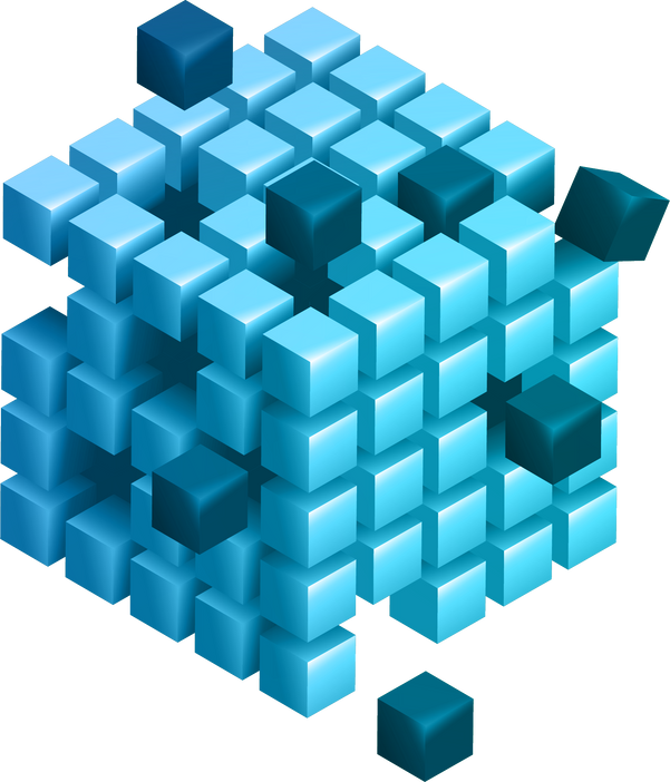 Large blue isometric cube consisting of many small cubes, some of which fall out.
